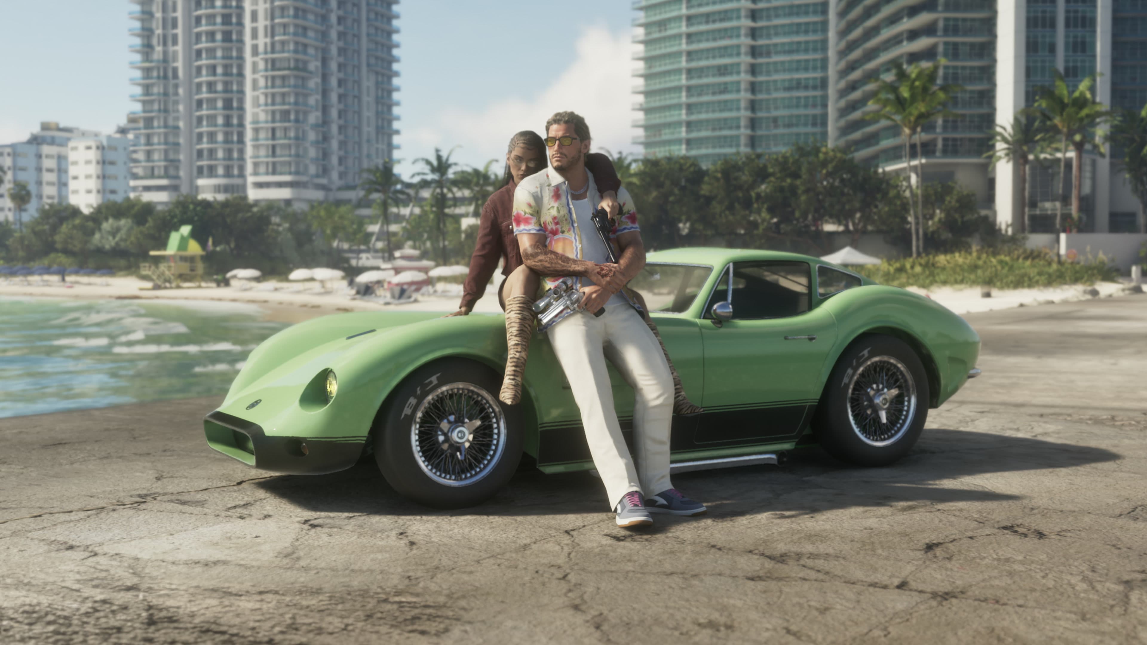 Jason and Lucia leaning on a sports car on a Vice City beach
