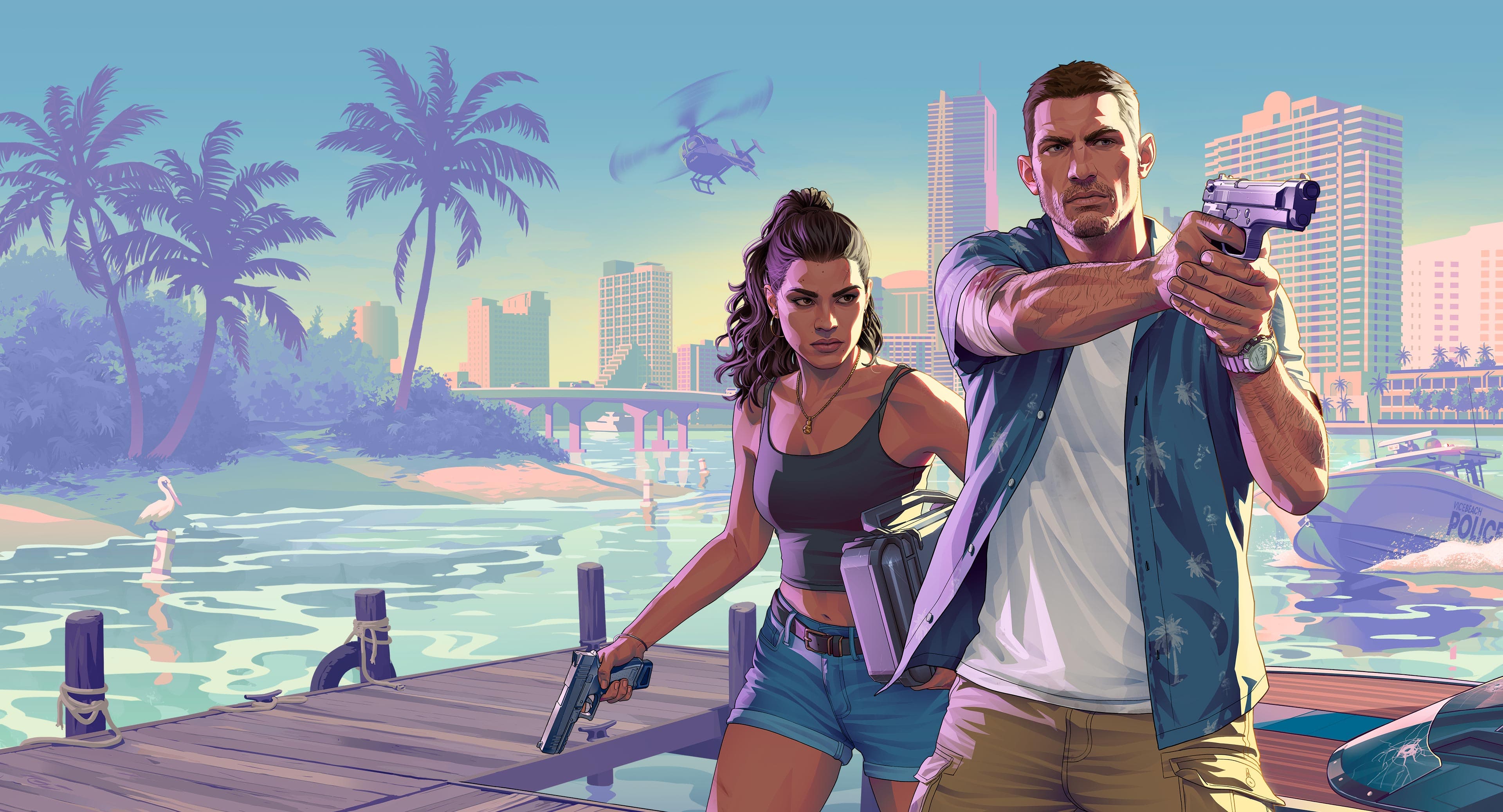 Grand Theft Auto VI Trailer 2 key art — Lucia and Jason on a dock