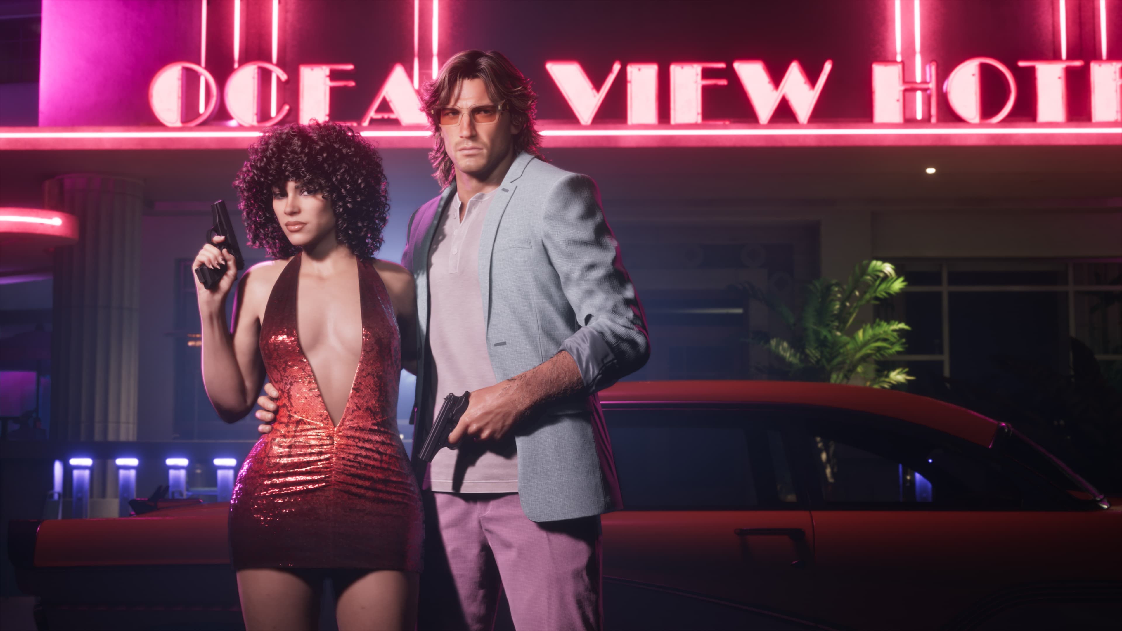 Vintage Vice City Pack — a couple in front of the neon Ocean View Hotel sign